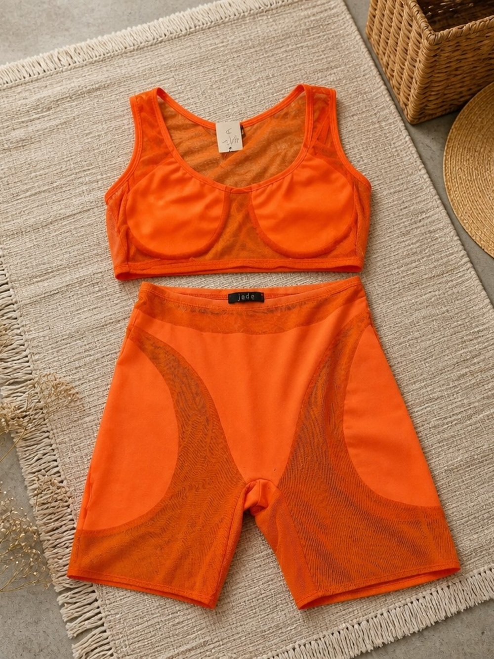 Jade Bright Orange Mesh Crop Top & High-Waist Shorts Set
